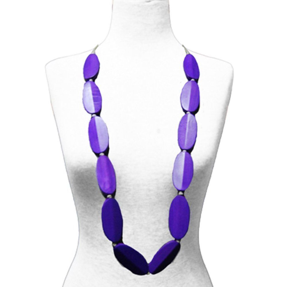 Wooden Nuggets & Cotton Cord Long Necklace (38 Inches) Purple